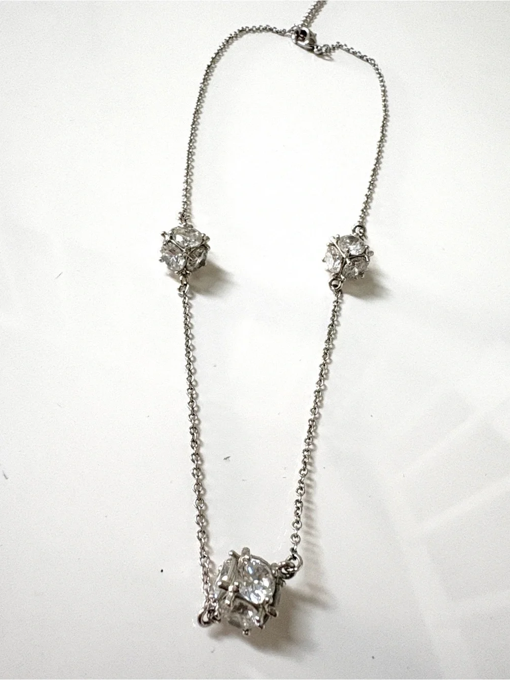 Vintage Silver Tone Multi-Prong CZ Orb Statement Chain Necklace